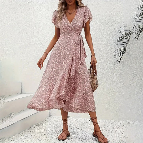 Women's Boho Floral Maxi Dress – Wrap V-Neck, Ruffle Sleeves, Flowy A-Line Fit