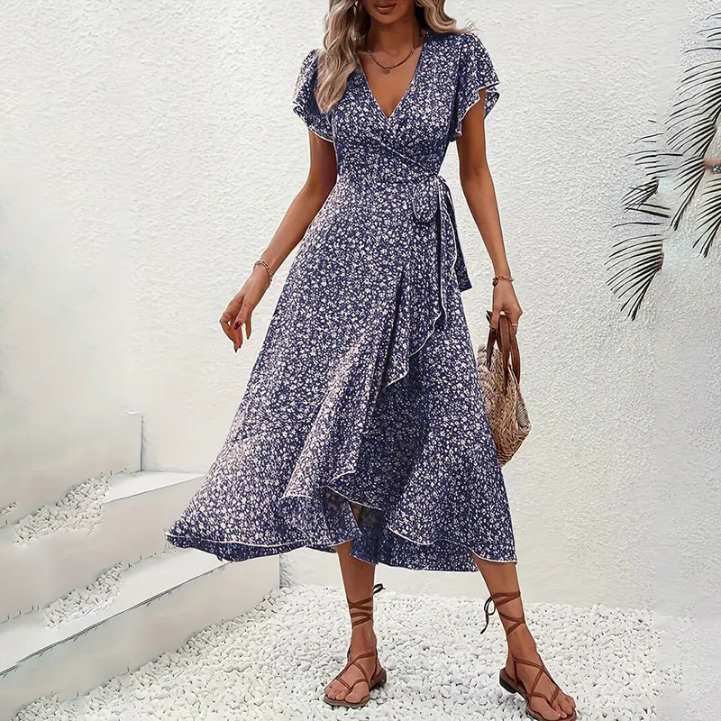 Women's Boho Floral Maxi Dress – Wrap V-Neck, Ruffle Sleeves, Flowy A-Line Fit