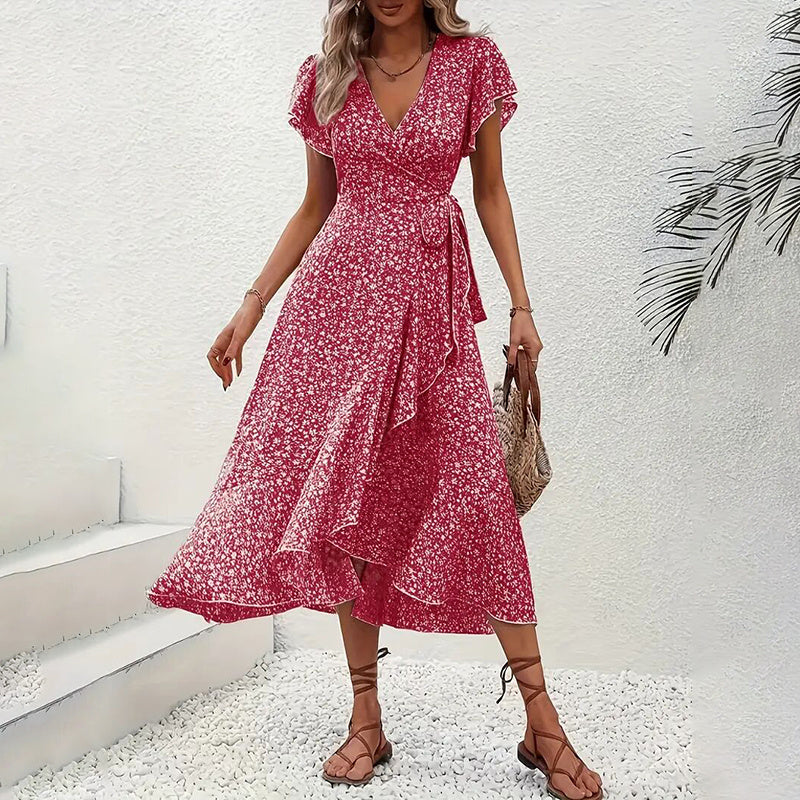 Women's Boho Floral Maxi Dress – Wrap V-Neck, Ruffle Sleeves, Flowy A-Line Fit